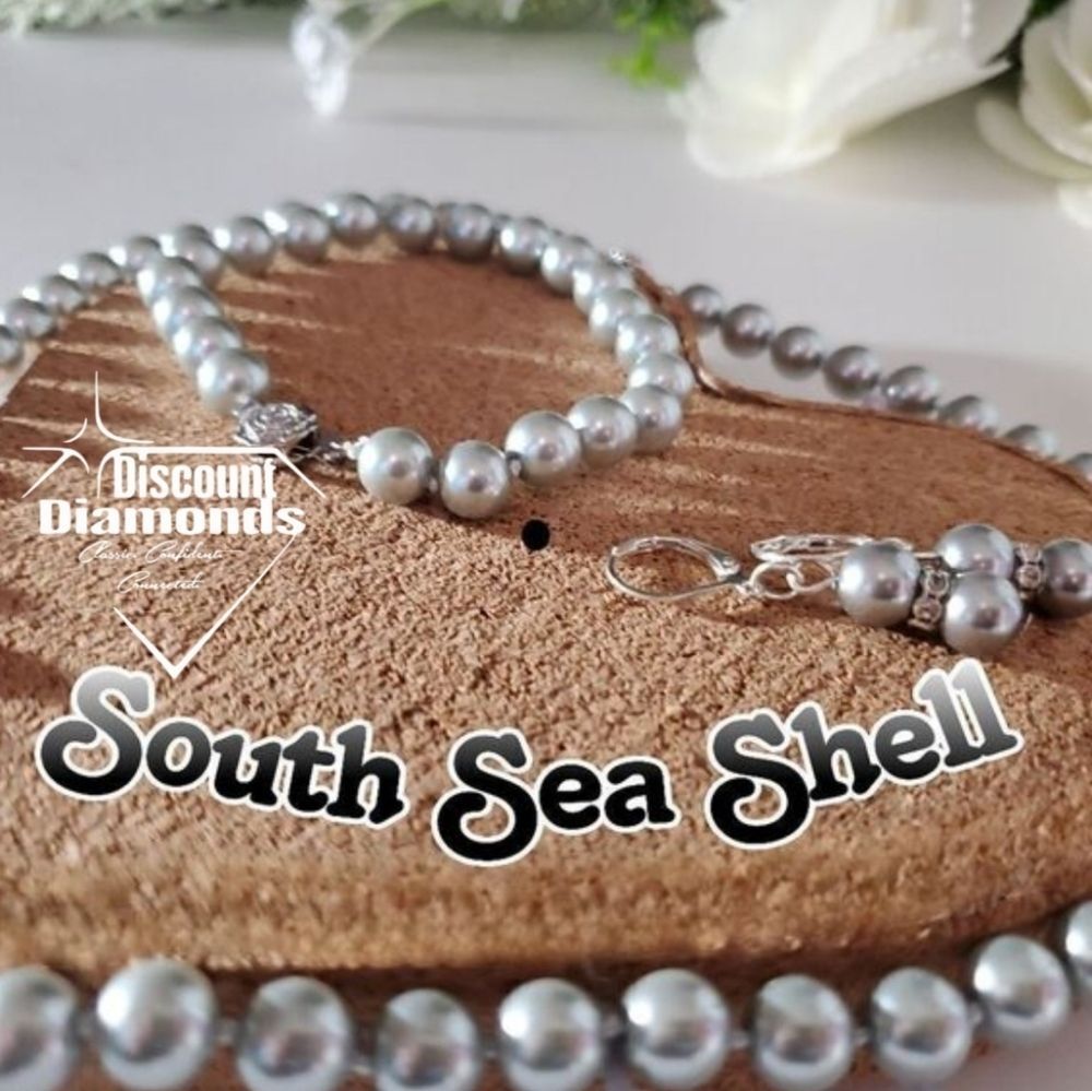 Light Gray 10mm (Silver) South Sea Shell Pearls Necklace, Bracelet, & Earrings